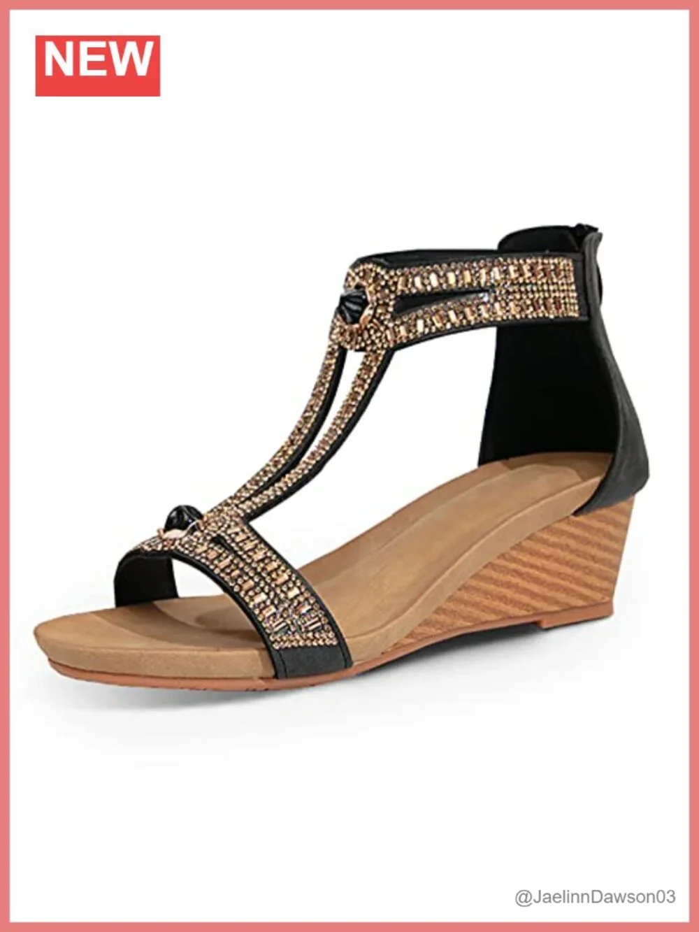 Women's Rhinestone Open Toe Wedge Sandals with Ankle Strap, Cushioned Faux